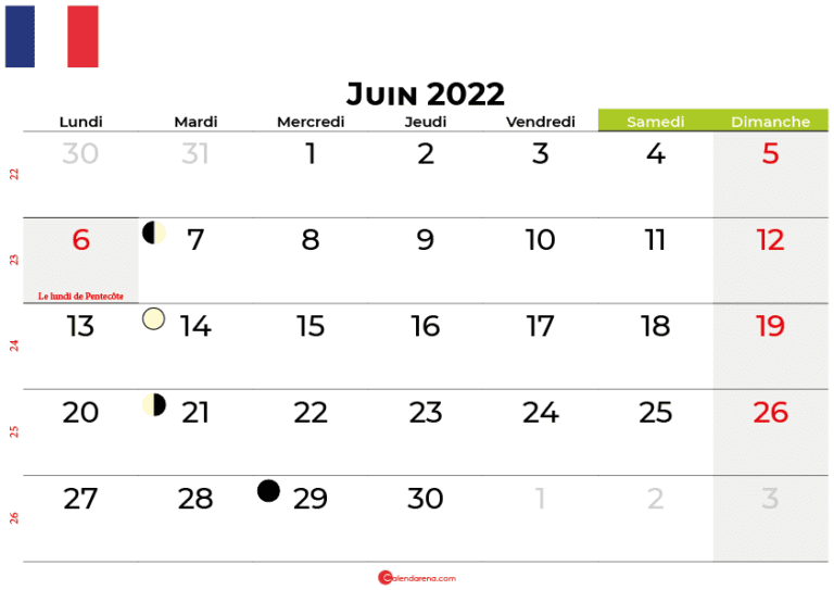 Télécharger Calendrier Juin 2022 France