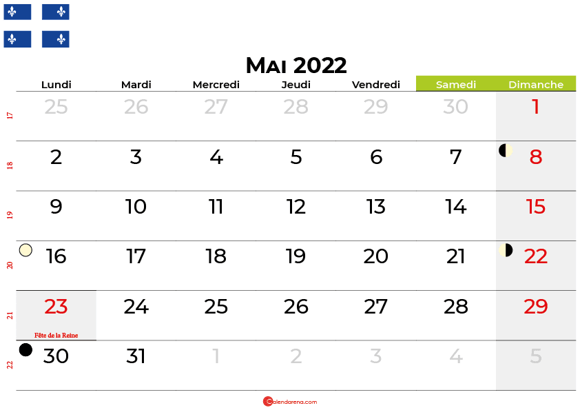 calendrier mai 2022 québec canada