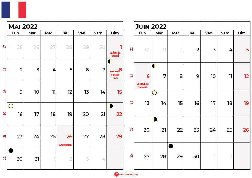 calendrier mai et juin 2022 france