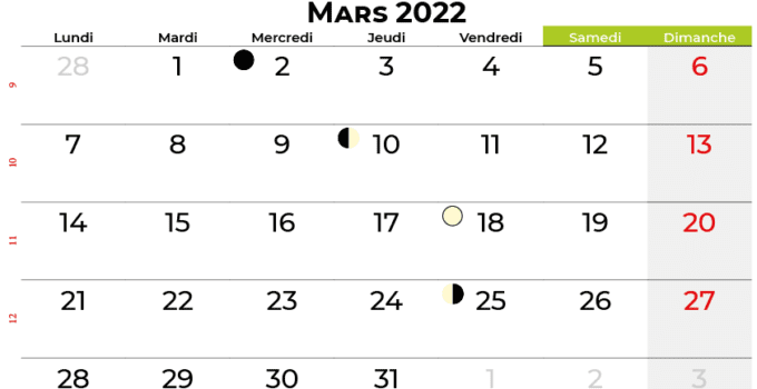 calendrier mars 2022 france