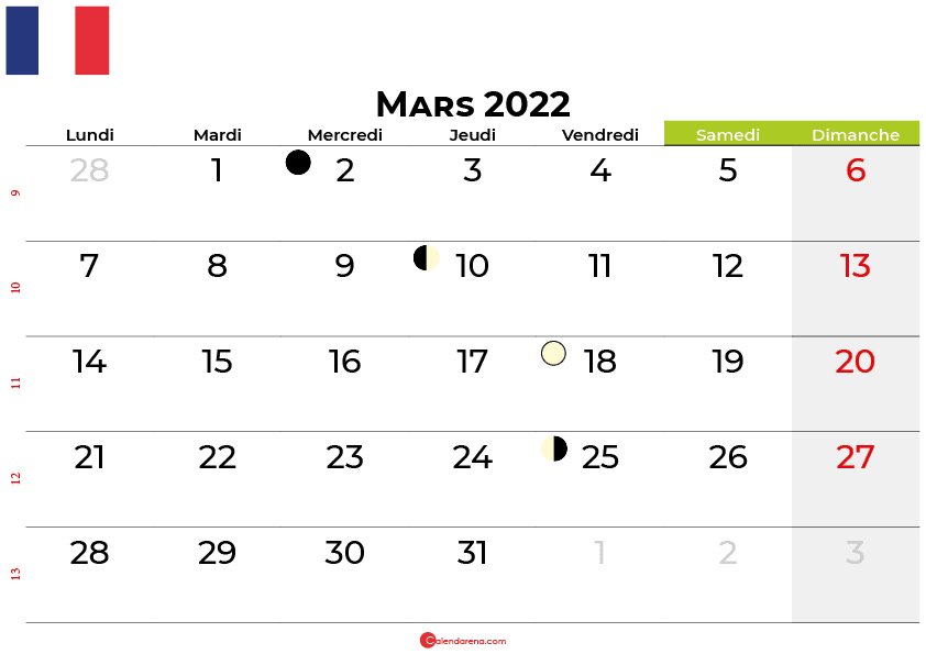 calendrier mars 2022 france