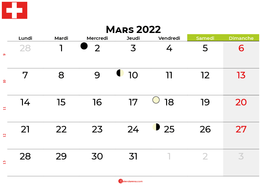 calendrier mars 2022 suisse