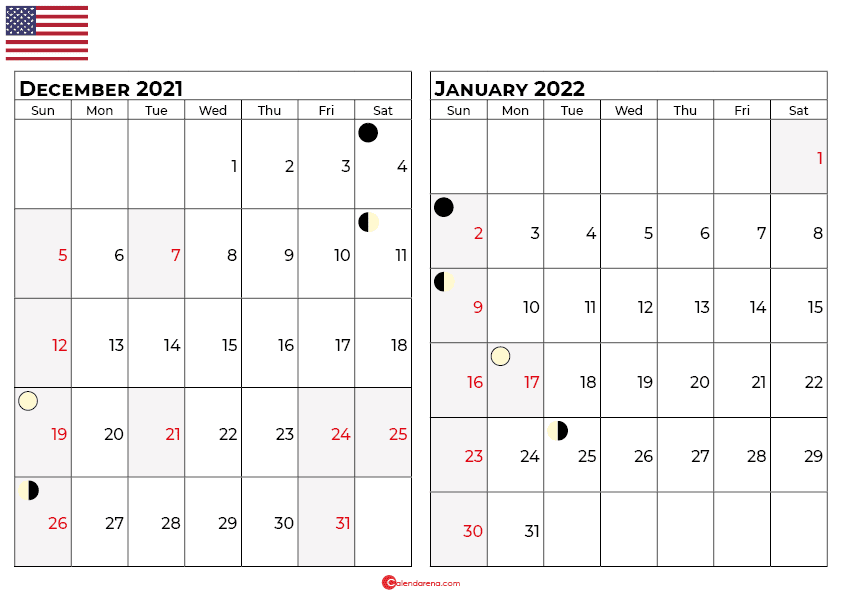 decemeber 2021 january 2022 usa calendar