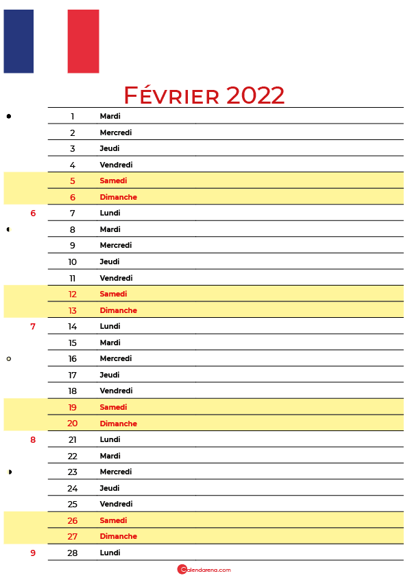 février 2022 calendrier france