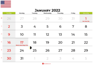 Download Free January 2022 Calendar United States With Holidays