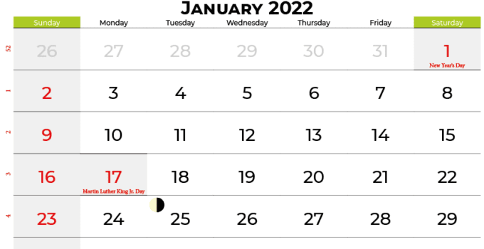 january 2022 calendar united states