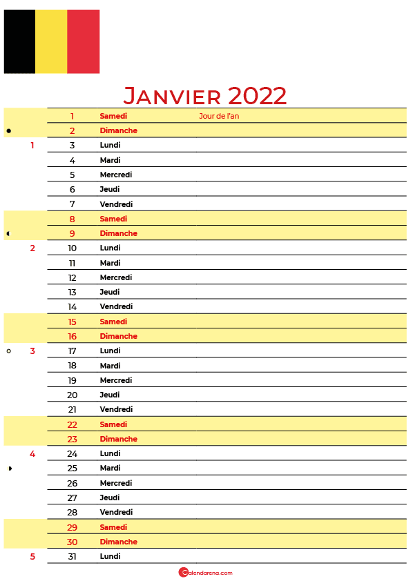 janvier 2022 calendrier belgique