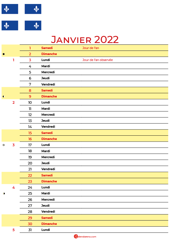 janvier 2022 calendrier québec canada