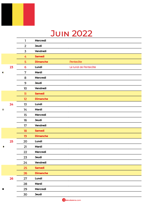 juin 2022 calendrier belgique