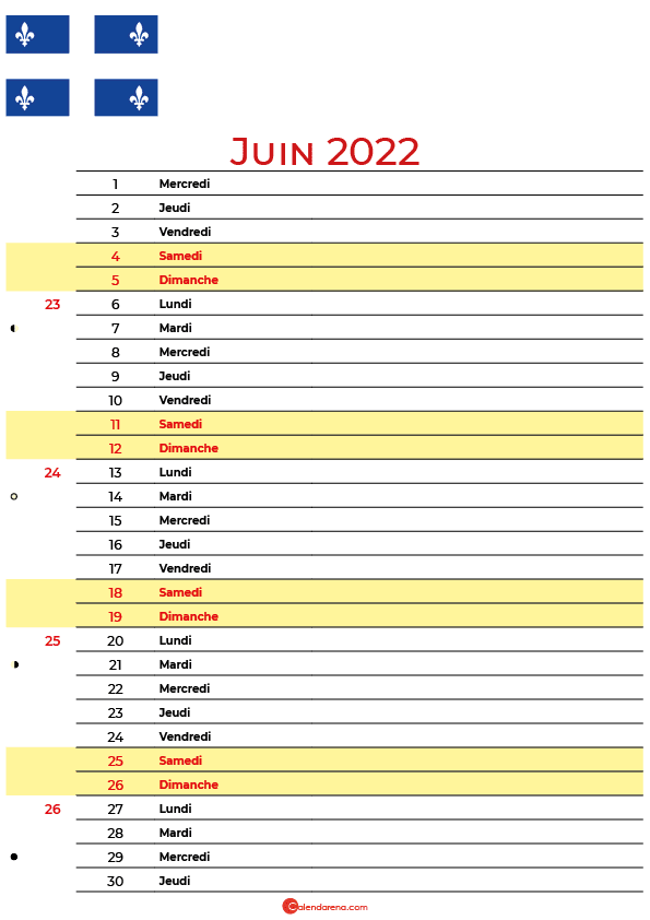 juin 2022 calendrier québec canada