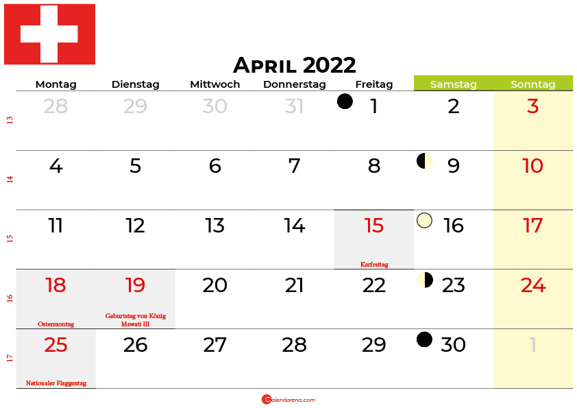 kalender april 2022 Schweiz