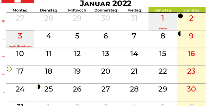 kalender januar 2022 Schweiz
