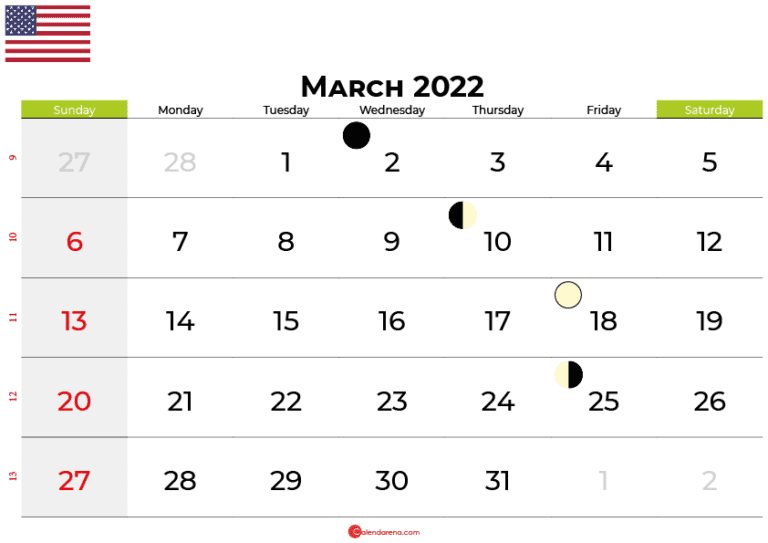Download Free March 2022 Calendar United States With Holidays