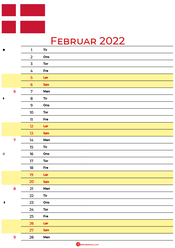 Danmark kalender Februar 2022