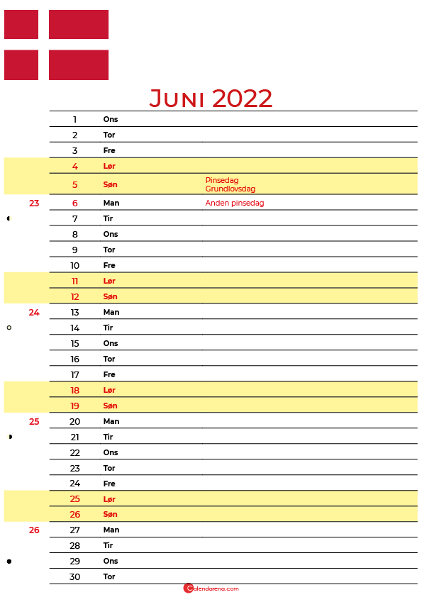 Danmark kalender juni 2022