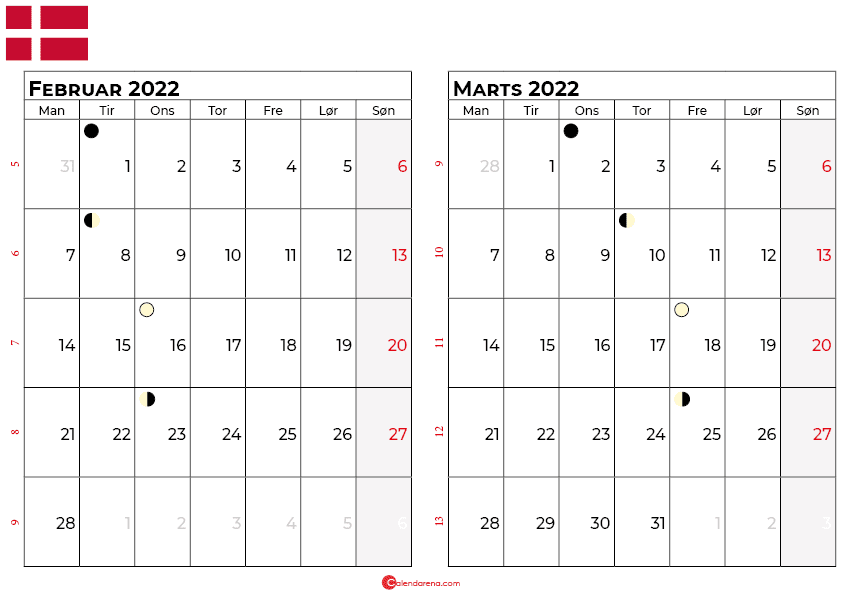 februar marts 2022 kalender Danmark
