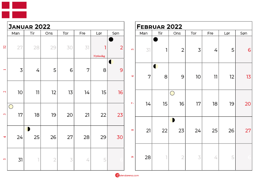 januar februar 2022 kalender Danmark