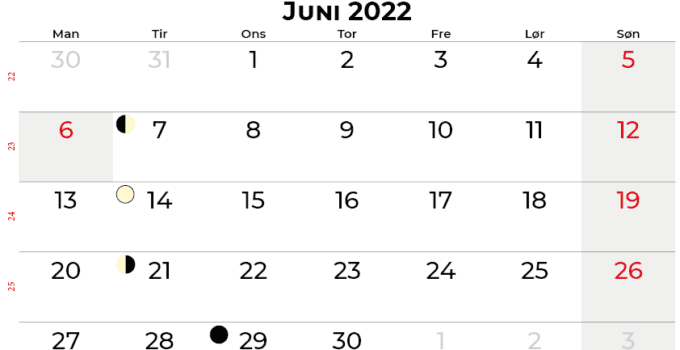juni 2022 kalender Danmark