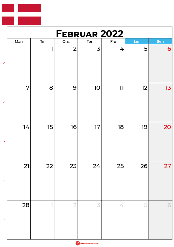 kalender februar 2022 Danmark