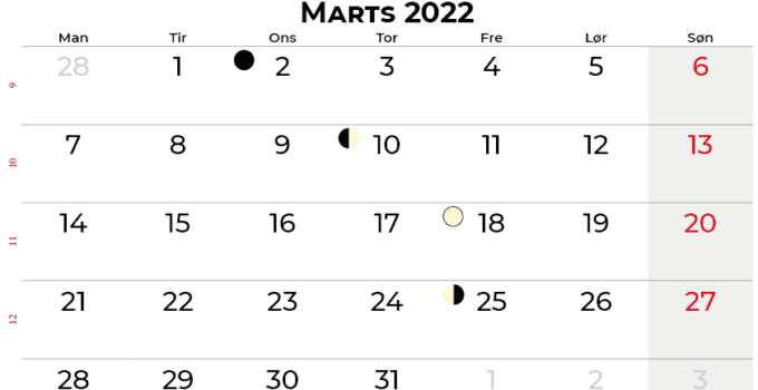 marts 2022 kalender Danmark