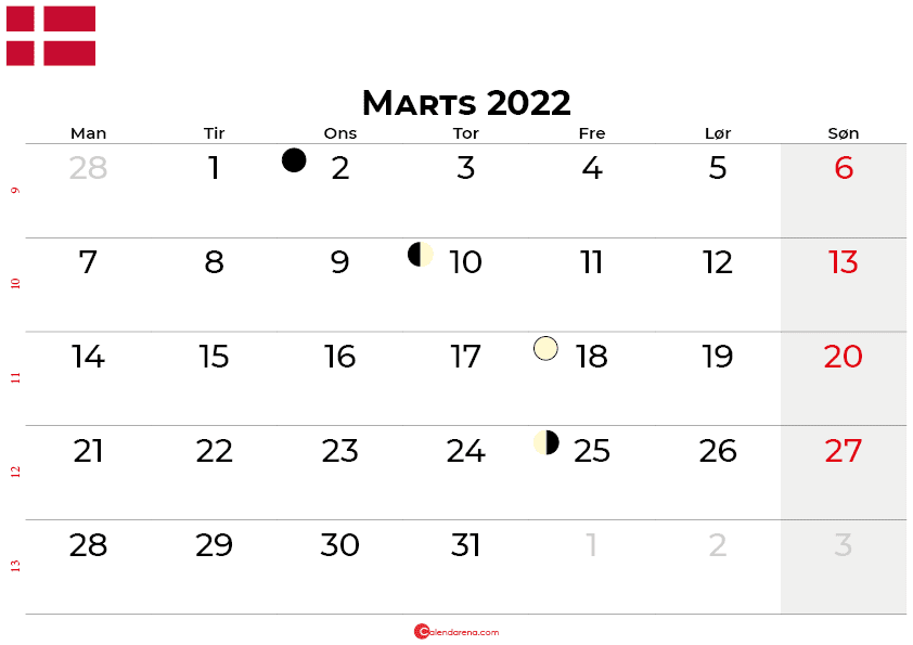 marts 2022 kalender Danmark