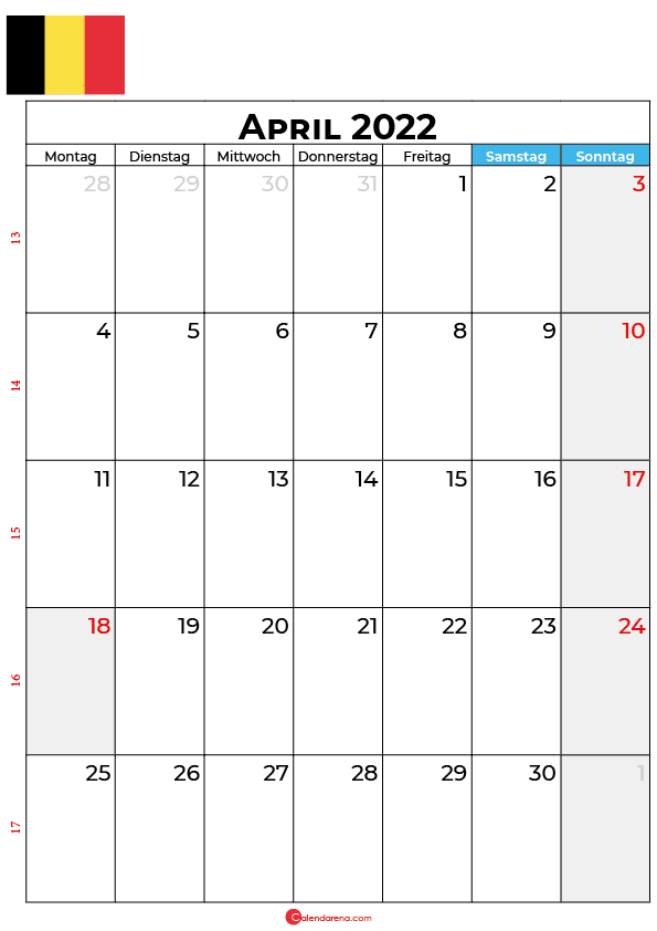 Kalender april 2022 zum ausdrucken Belgien
