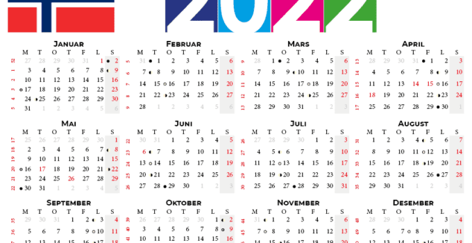 Norsk kalender 2022 med helligdager og ukenummer