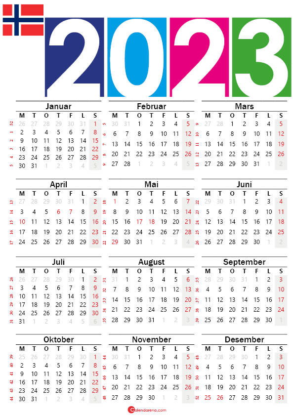 Norge kalender 2023 med helligdager