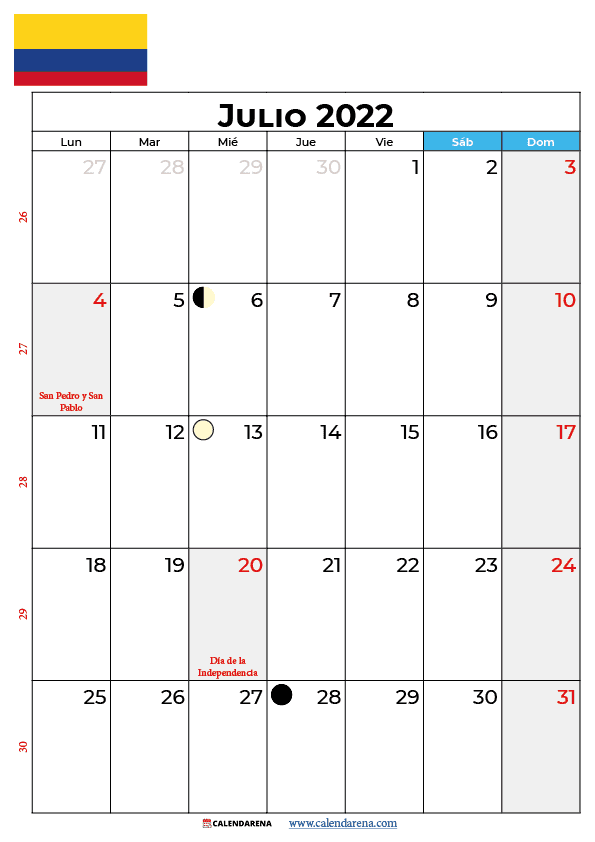 calendario de julio 2022 colombia