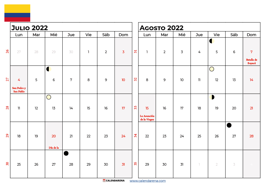 calendario julio agosto 2022 colombia