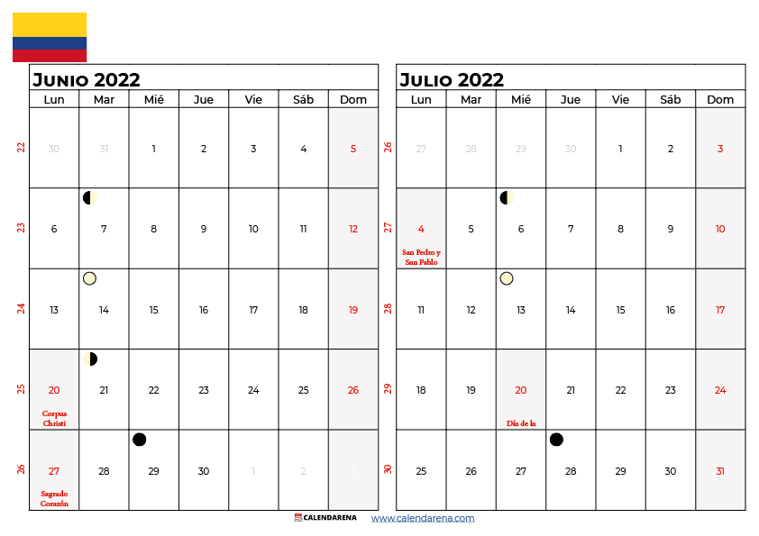 calendario junio julio 2022 colombia
