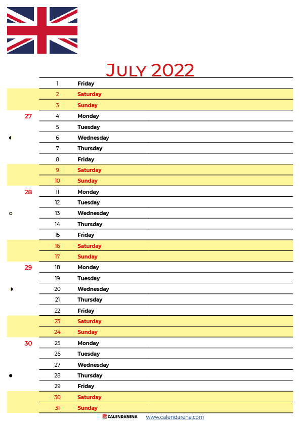 july 2022 calendar UK