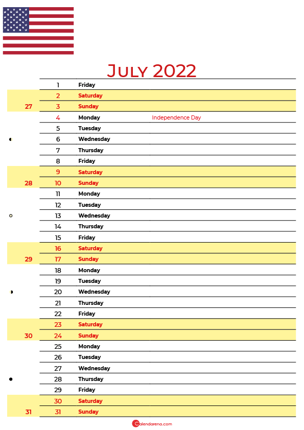 july 2022 calendar USA