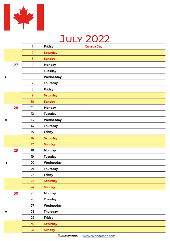 july 2022 calendar canada