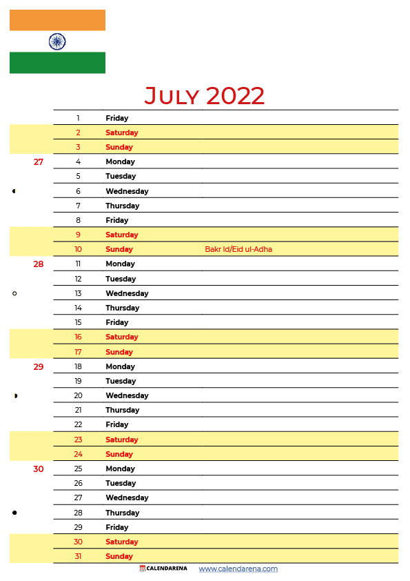 july 2022 calendar india