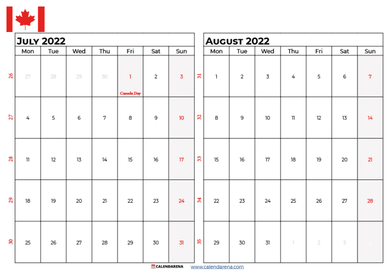 July 2022 Calendar Canada With Holidays