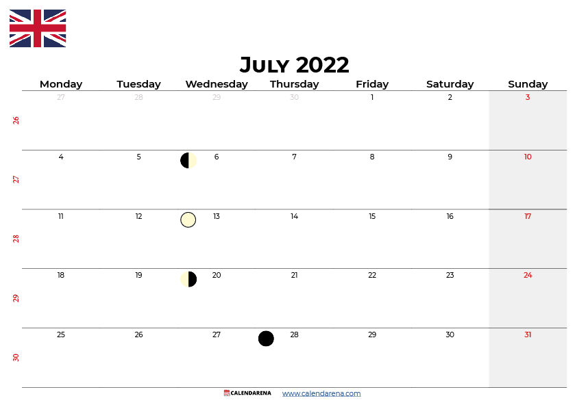 july calendar 2022 UK