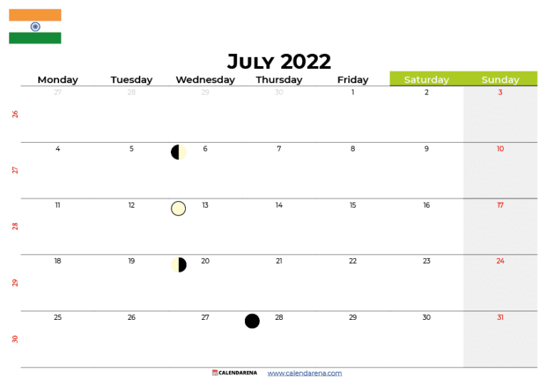 Download Free July 2022 Calendar India With Holidays