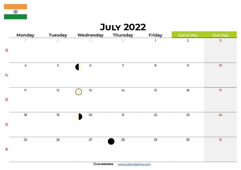 july calendar 2022 india