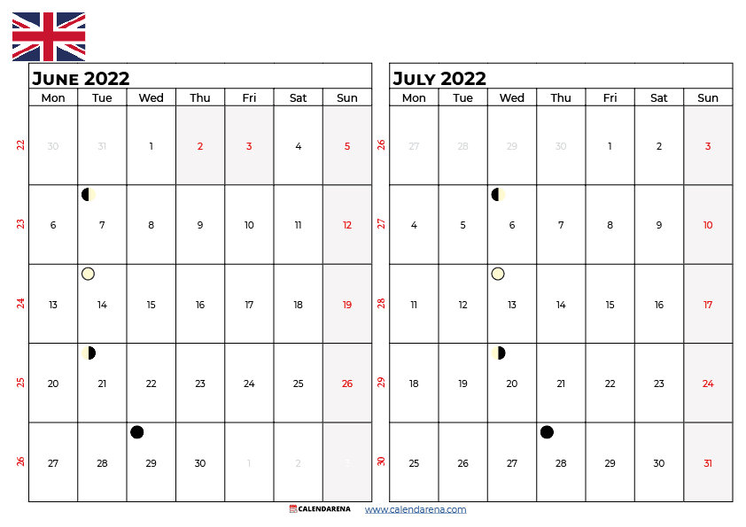 june july 2022 calendar UK