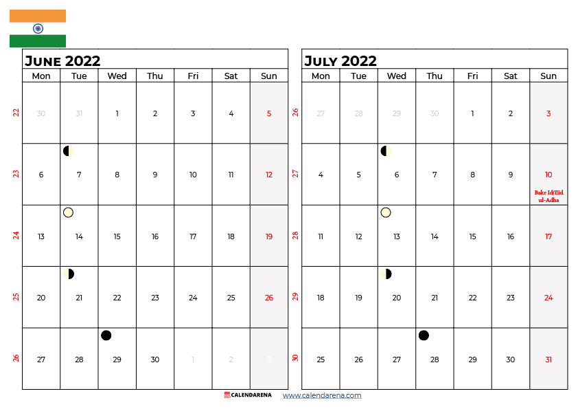 june july 2022 calendar india