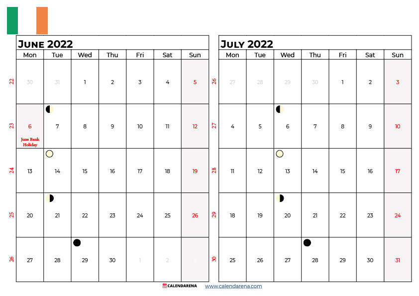 june july 2022 calendar ireland