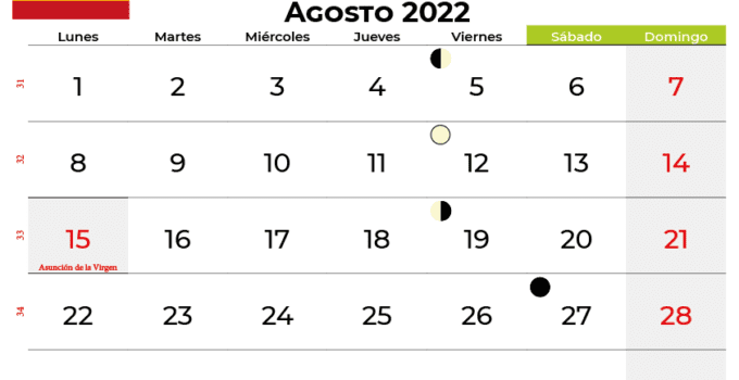 Calendario agosto 2022 España