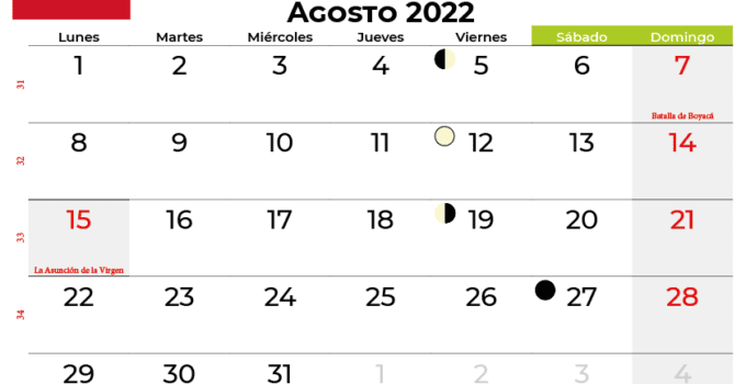 Calendario agosto 2022 colombia