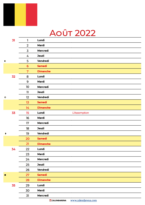 aout 2022 calendrier belgique