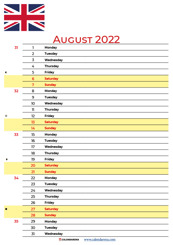 august 2022 calendar UK