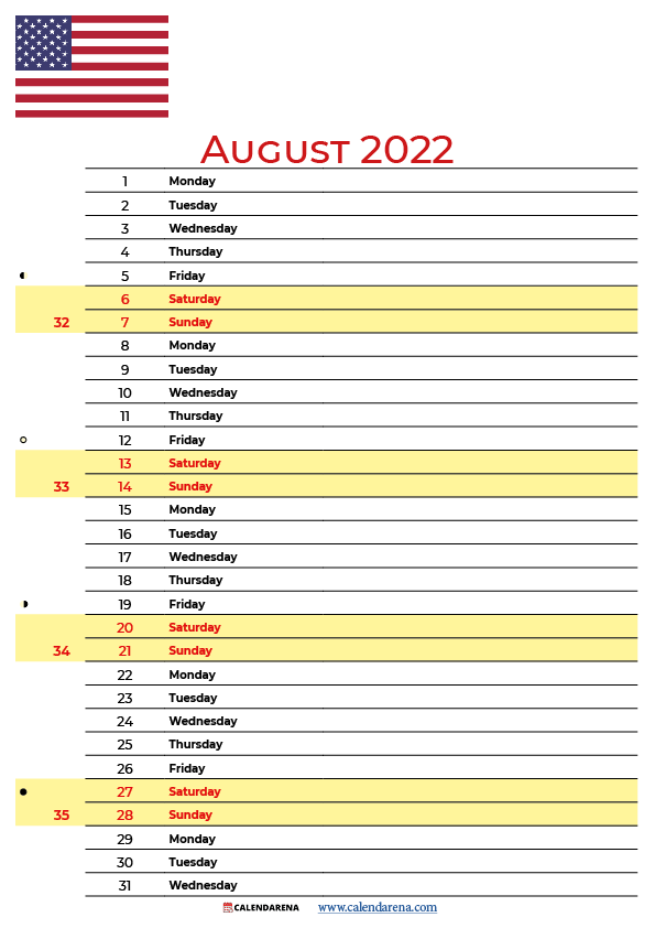august 2022 calendar USA