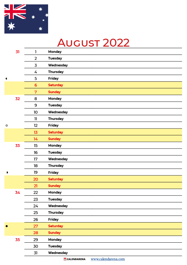 august 2022 calendar australia