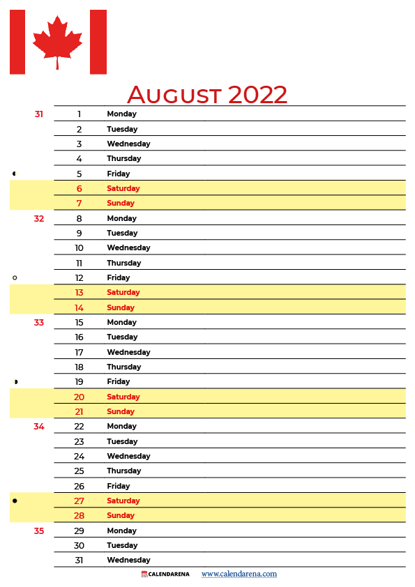 august 2022 calendar canada