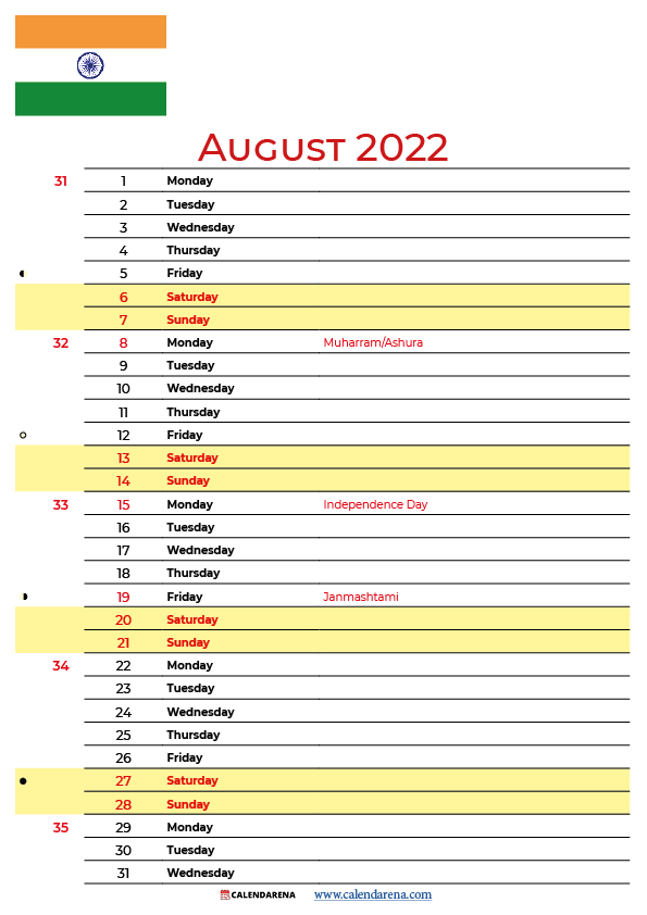 august 2022 calendar india